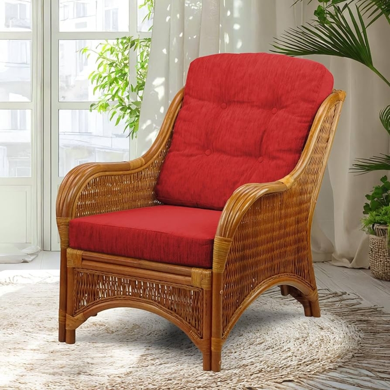 Accent Chair Dark Rattan Bowl Shaped Seat Red Cushion Tropical