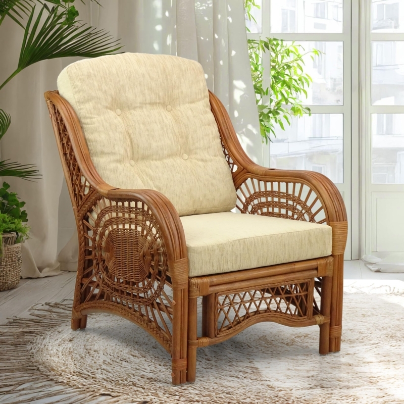 Accent Chair Dark Rattan Finish Cream Cushions Colonial Style