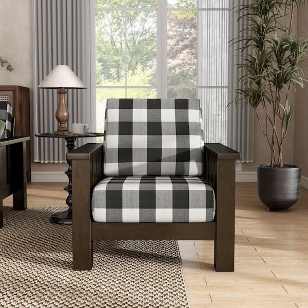 Accent Chair Dark Walnut Frame Plaid Pattern Fabric Mid-Century