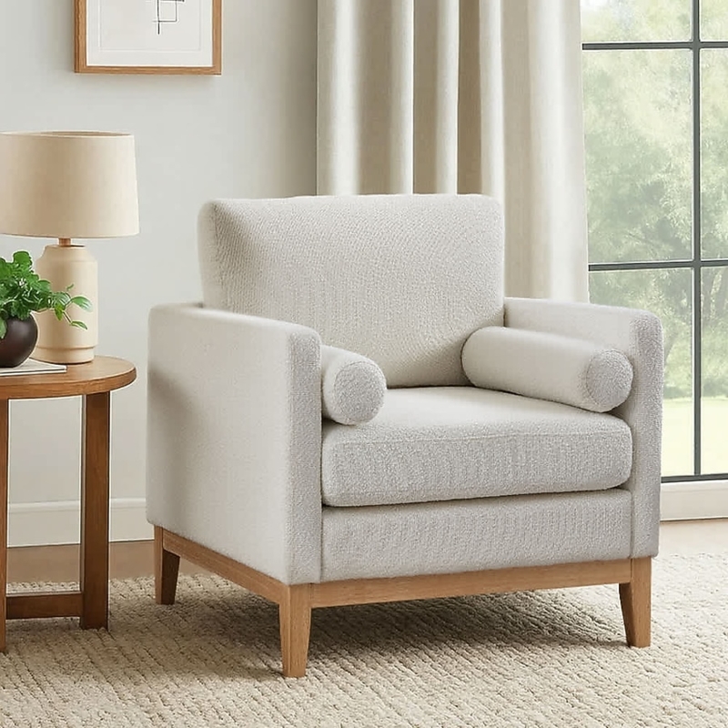 Accent Chair Dark Wood Frame Ivory Cushions Mid-Century Modern