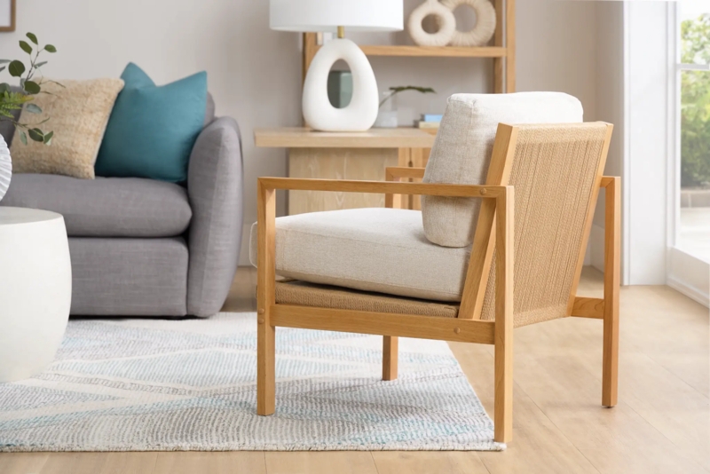 Accent Chair Dark Wood Toned Legs Curved Silhouette Woven Texture Modern