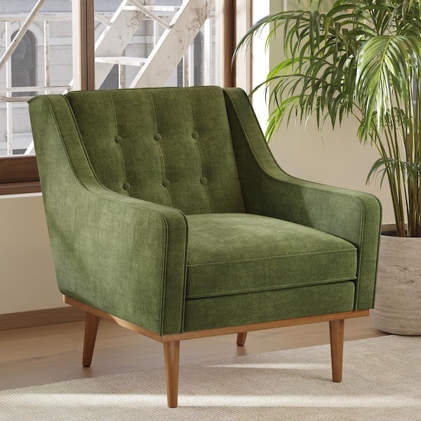 Accent Chair Distressed Green Velvet Low Slung Tapered Metal Legs