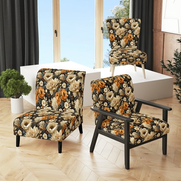 Accent Chair Earthy Brown Botanical Flared Arm with Dark Legs