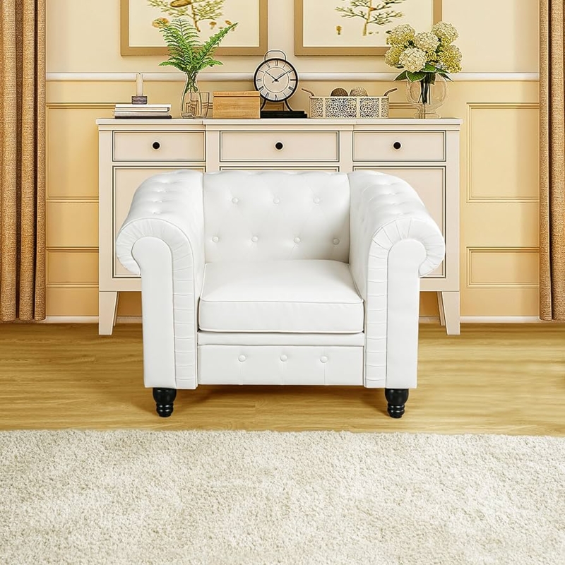 Accent Chair Elegant Off-White Chesterfield Leather-Like Rolled Arms