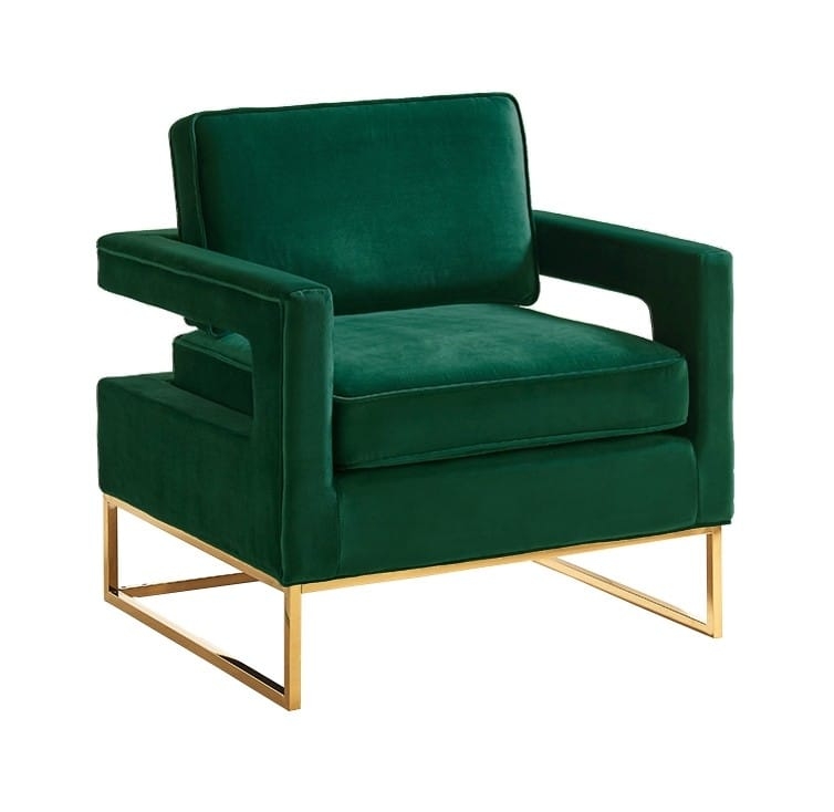 Accent Chair Emerald Green Velvet Recessed Arms Gold Geometric Base