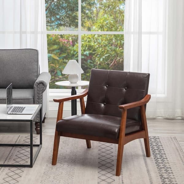 Accent Chair Espresso Faux Leather Mid-Century Modern Bedroom Seating