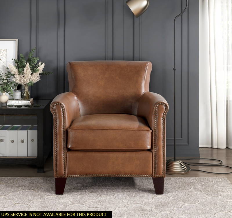 Accent Chair Exposed Espresso Frame Brown Leather-like, Classic Library