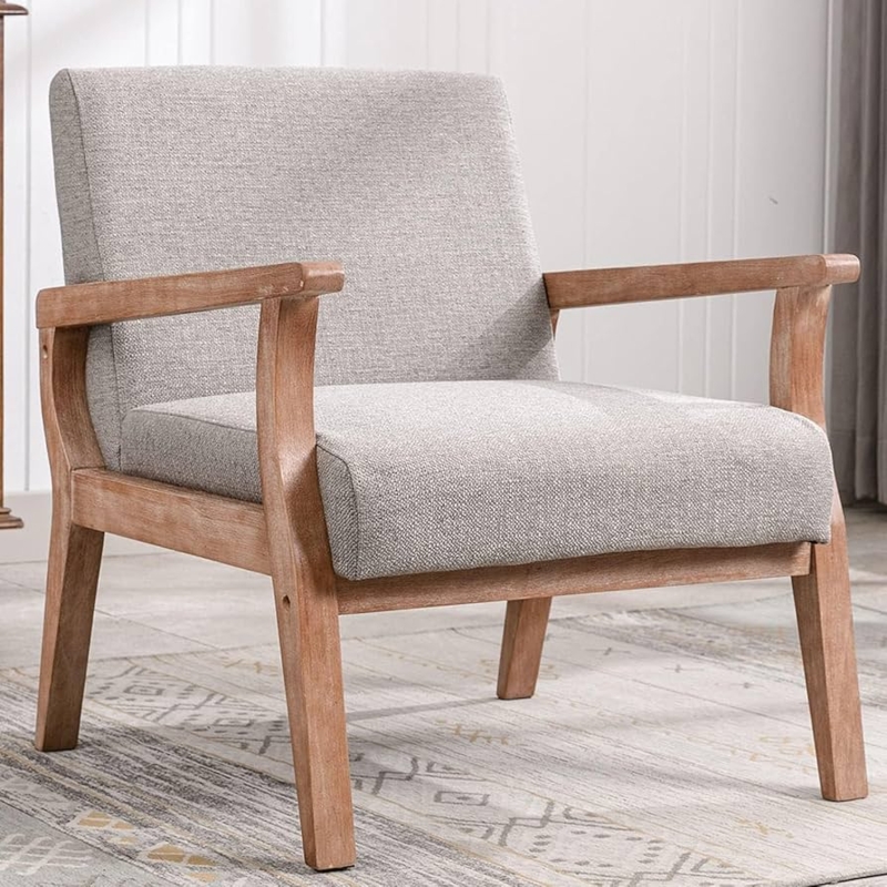 Accent Chair Farmhouse Style Light Grey Linen Whitewashed Legs