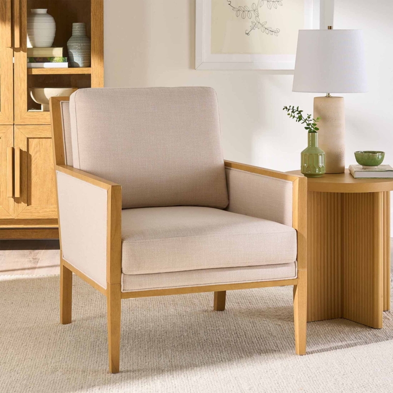 Accent Chair Farmhouse Windsor Spindle Back Honey Wood Linen