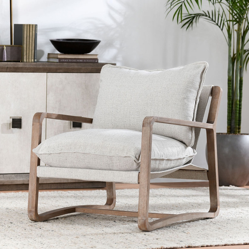 Accent Chair Featuring Angled Wood Frame and Woven Upholstery