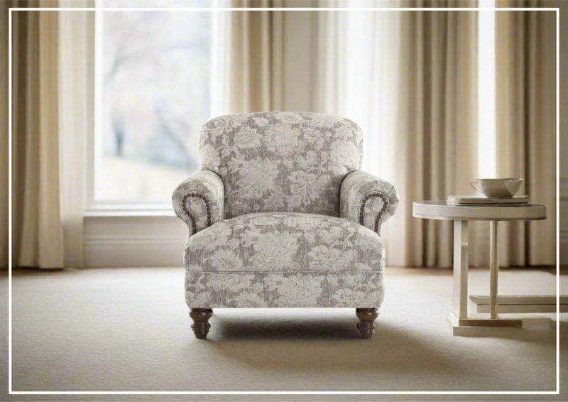 Accent Chair Featuring Rolled Arms and Blue Botanical Floral Pattern