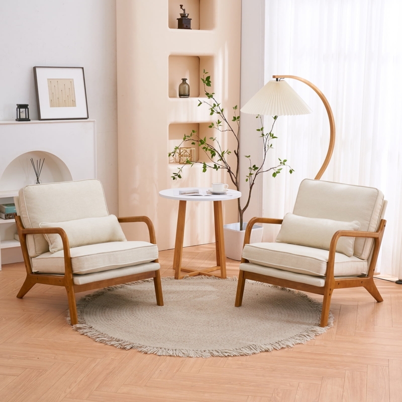 Accent Chair Flared Arms Beige Linen-Like Upholstery Wood Tapered Legs