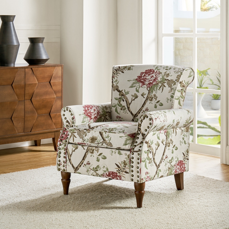 Accent Chair Floral Upholstery Barrel Back Mid Century Modern