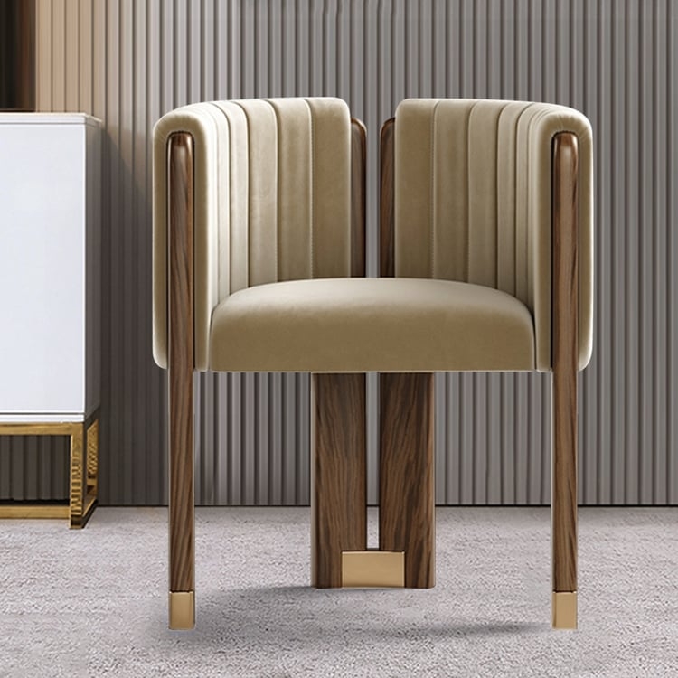 Accent Chair Fluted Back in Camel Velvet with Sculptural Wood Frame