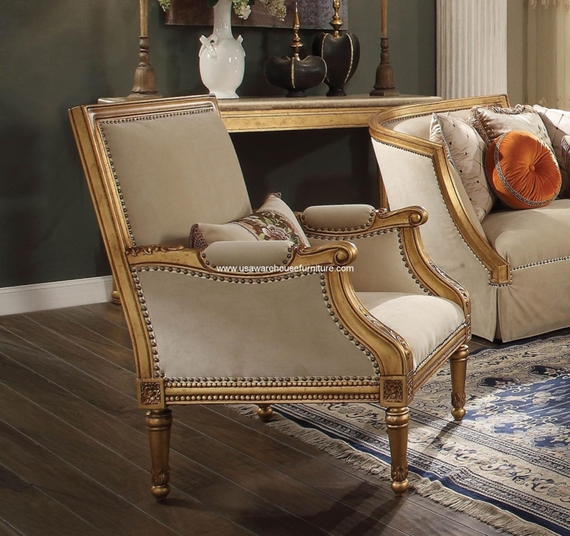 Accent Chair French Provincial Carved Wood Antique Gold Beige Tufted
