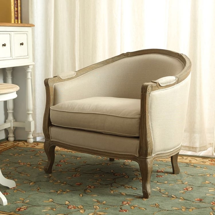 Accent Chair French Rustic Barrel Silhouette Beige Natural Wood Frame
