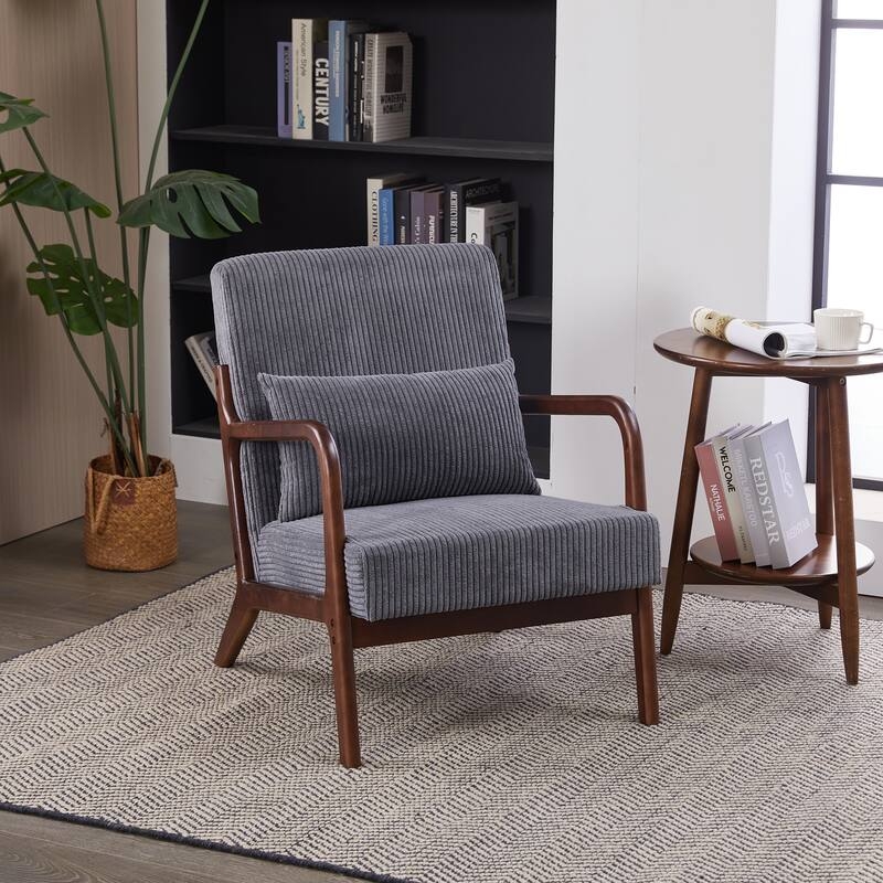 Accent Chair, Geometric Wood Frame, Grey Upholstery, Lumbar Pillow