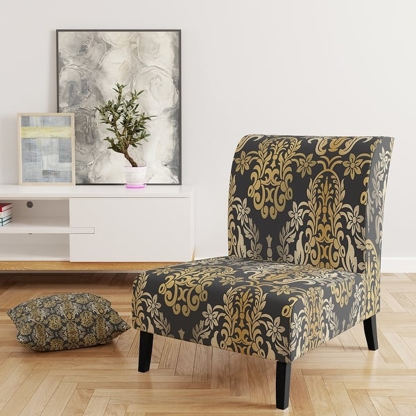 Accent Chair Gold Damask Armless Slipper with Square Tapered Legs