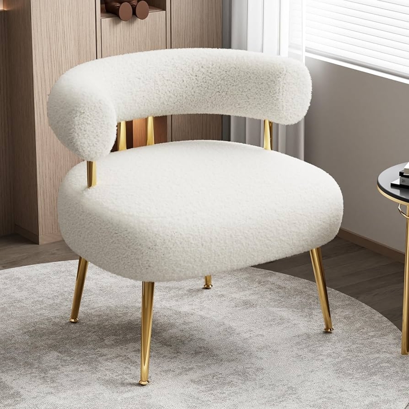 Accent Chair Gold Legs Barrel Silhouette Cream Boucle Small Space