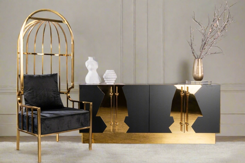 Accent Chair Gold Metal Cage Diamond Tufting Glam Hooded