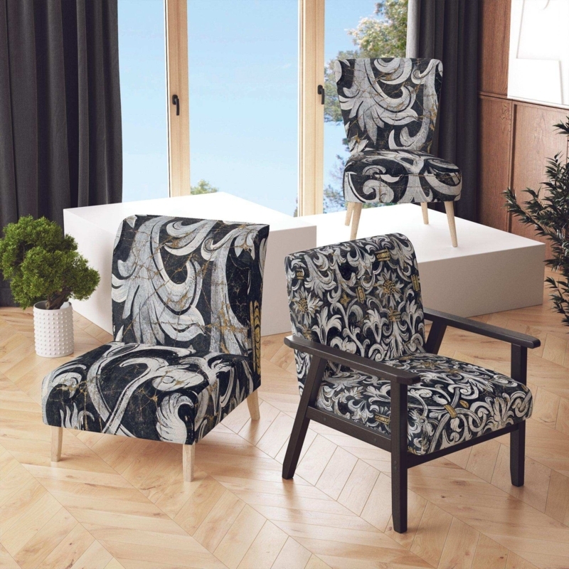 Accent Chair Gold Metallic Strapwork Frame Botanical Print