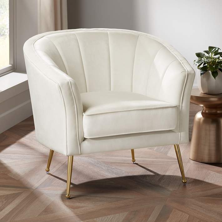 Accent Chair Gold Tapered Legs Diamond Tufted Back White Velvet Glam Style