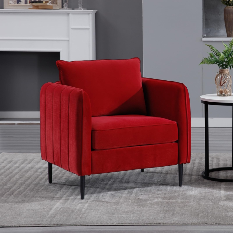 Accent Chair Gold Tipped Legs Square Arms Burgundy Velvet Chair