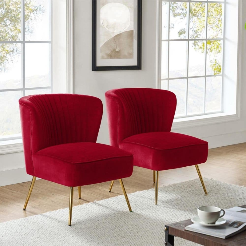 Accent Chair Golden Legs Velvet Channel Tufting Modern Red Chair