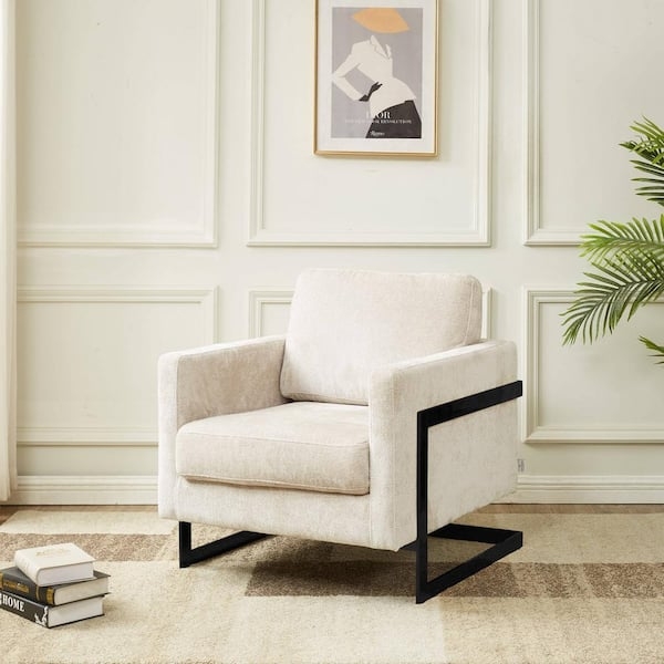 Accent Chair Gray Boucle Texture Geometric Black Metal Base Modern
