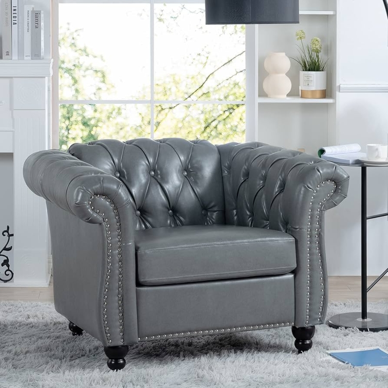 Accent Chair Gray Chesterfield Seating Leather-Like Silver Nailhead Trim