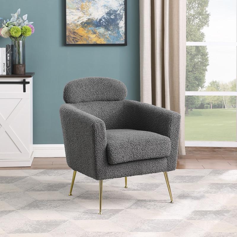 Accent Chair Gray Shaggy Faux Fur Gold Splayed Legs with Pillow