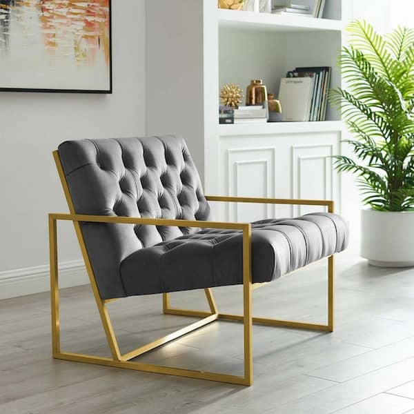 Accent Chair Gray Velvet Polished Gold Metal Frame Channel Tufting