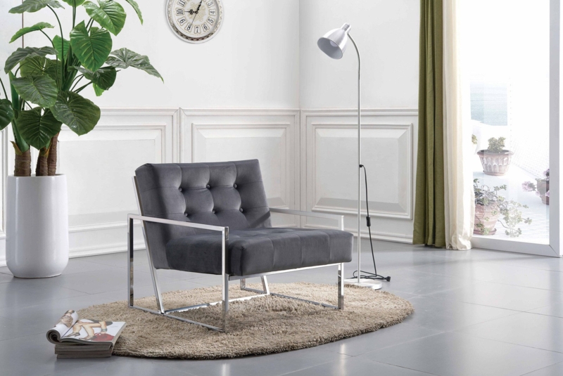 Accent Chair Gray Velvet Vertical Channel Tufted Gold Tapered Legs