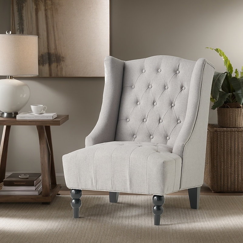 Accent Chair Grey Button Tufted Wingback Tapered Wood Legs