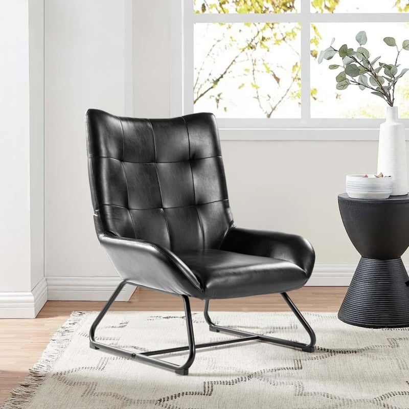 Accent Chair Grey Faux Leather Diamond Tufting Slim Metal Legs Wingback