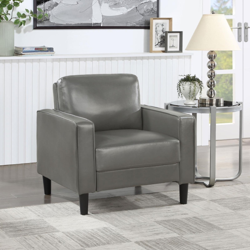 Accent Chair Grey Faux Leather Track Arms Tapered Wood Legs