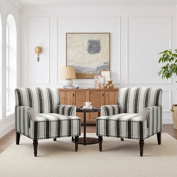 Accent Chair, Grey Striped with Rounded Back and Tapered Wood Legs