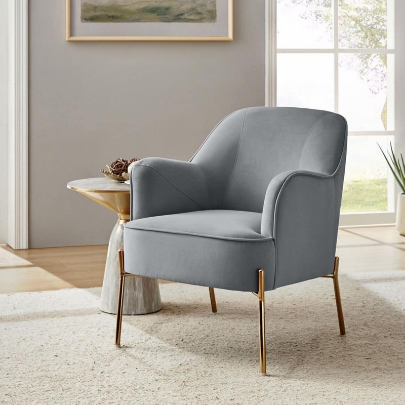 Accent Chair Grey Velvet Barrel Silhouette Gold Tapered Legs Modern Glam