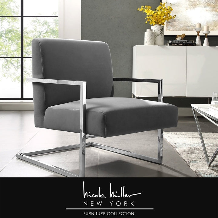 Accent Chair Grey Velvet Channel Tufted Silver Metal X-Base