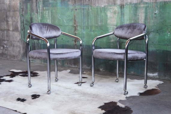 Accent Chair Grey Velvet Tubular Silver Metal Frame with Casters