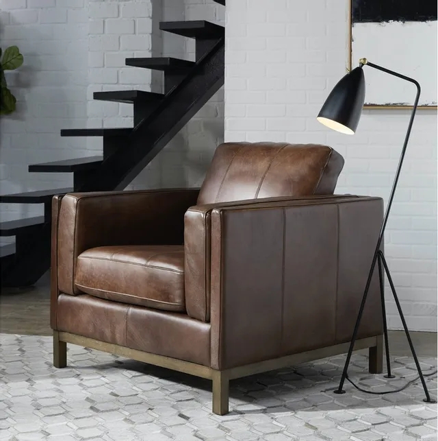 Accent Chair Grid Stitching Black Metal Base Cognac Look Lounge
