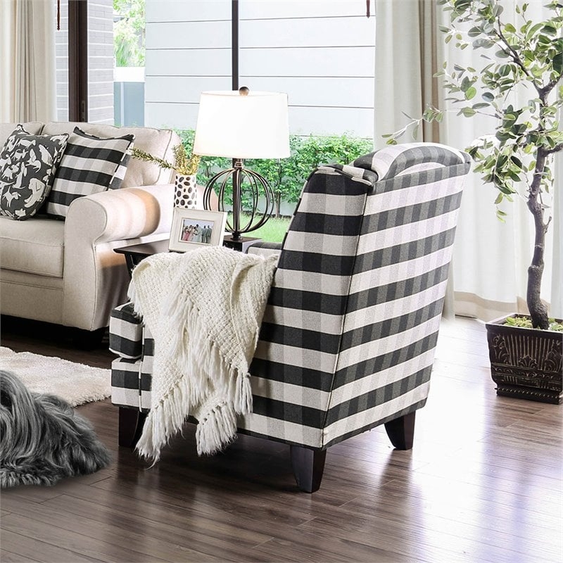 Accent Chair, High Back Ivory and Black Striped with Recessed Arms