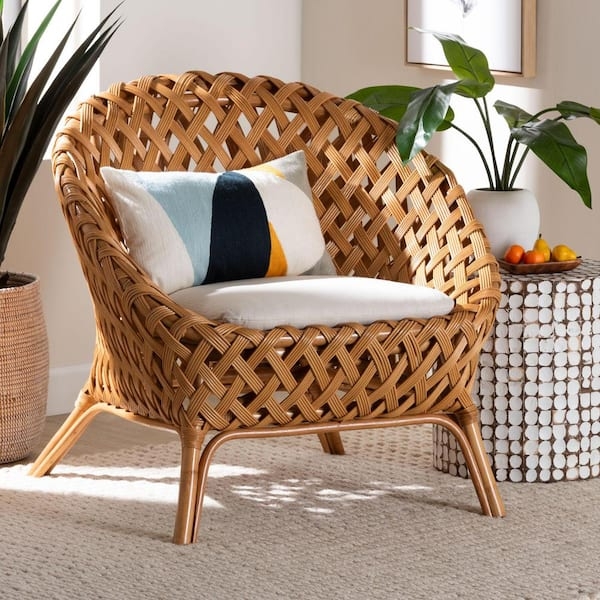 Accent Chair Honey Rattan Bucket Seat Black Metal Legs Minimalist