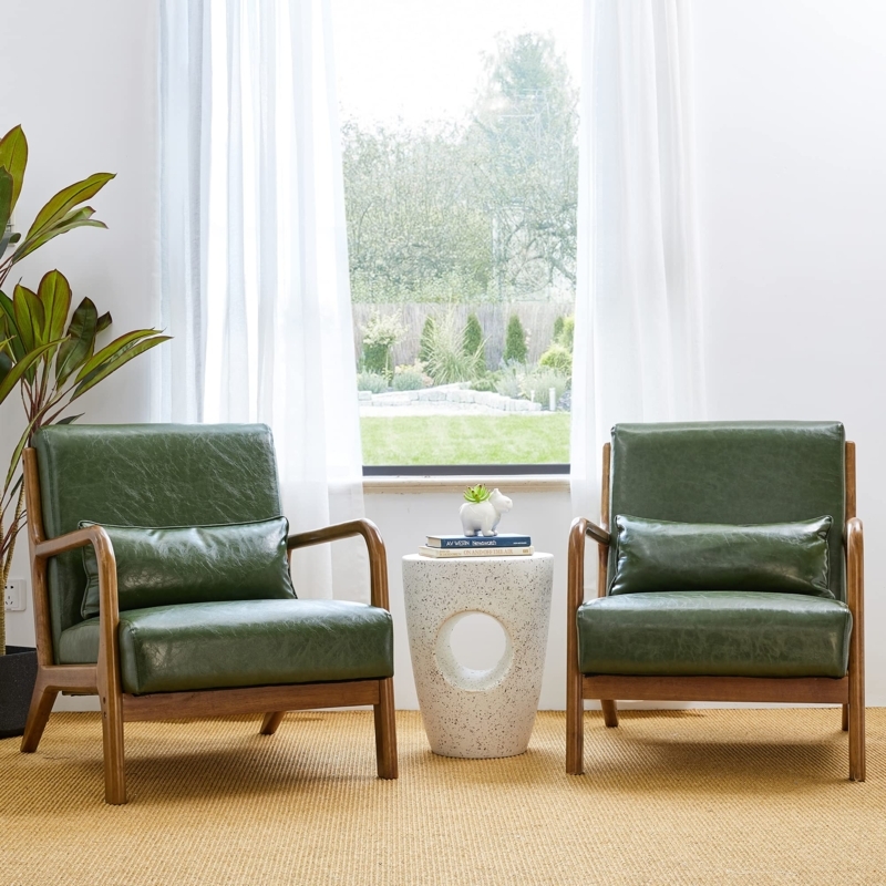 Accent Chair Hunter Green Leather-Like Walnut Frame Lounge Seating