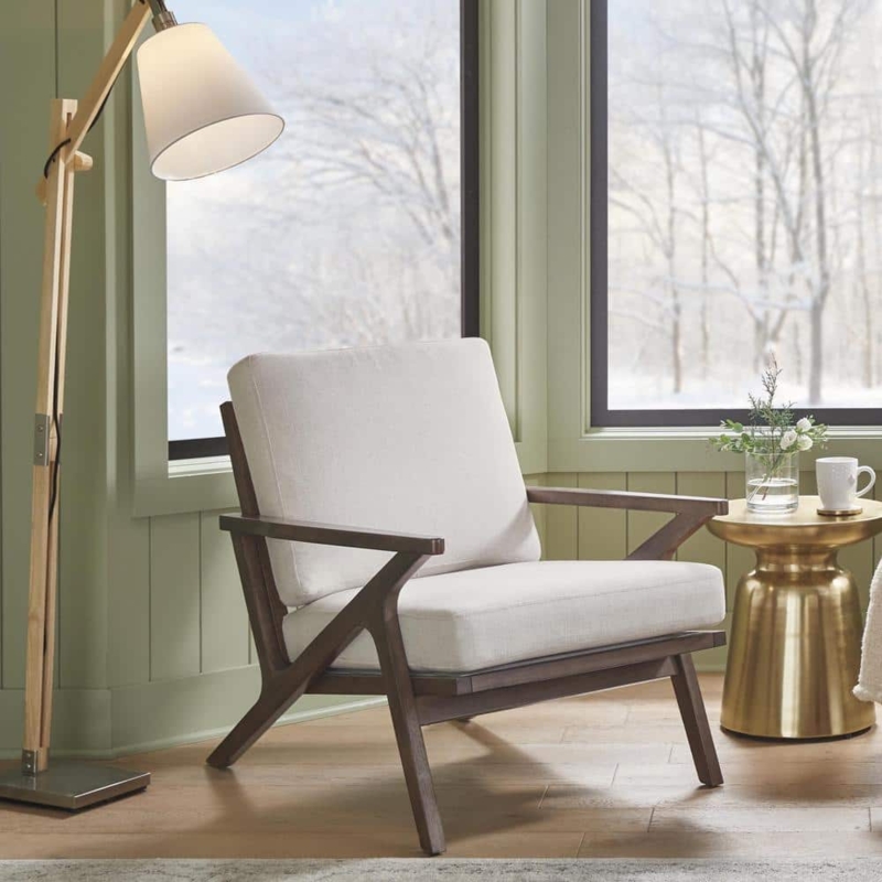 Accent Chair in Biscuit Beige Fabric with Curved Wood Armrests