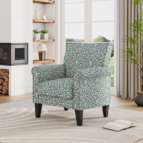 Accent Chair in Blue Curly Vine Pattern with Traditional Nailhead Trim