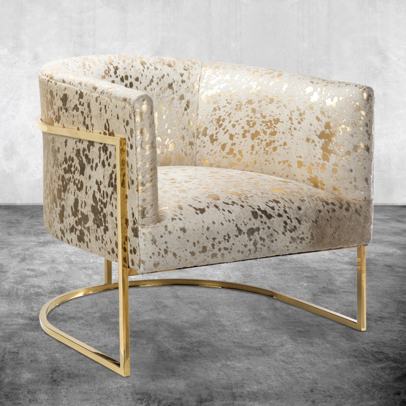 Accent Chair in Gold Speckled Cowhide and Angular Brass Frame