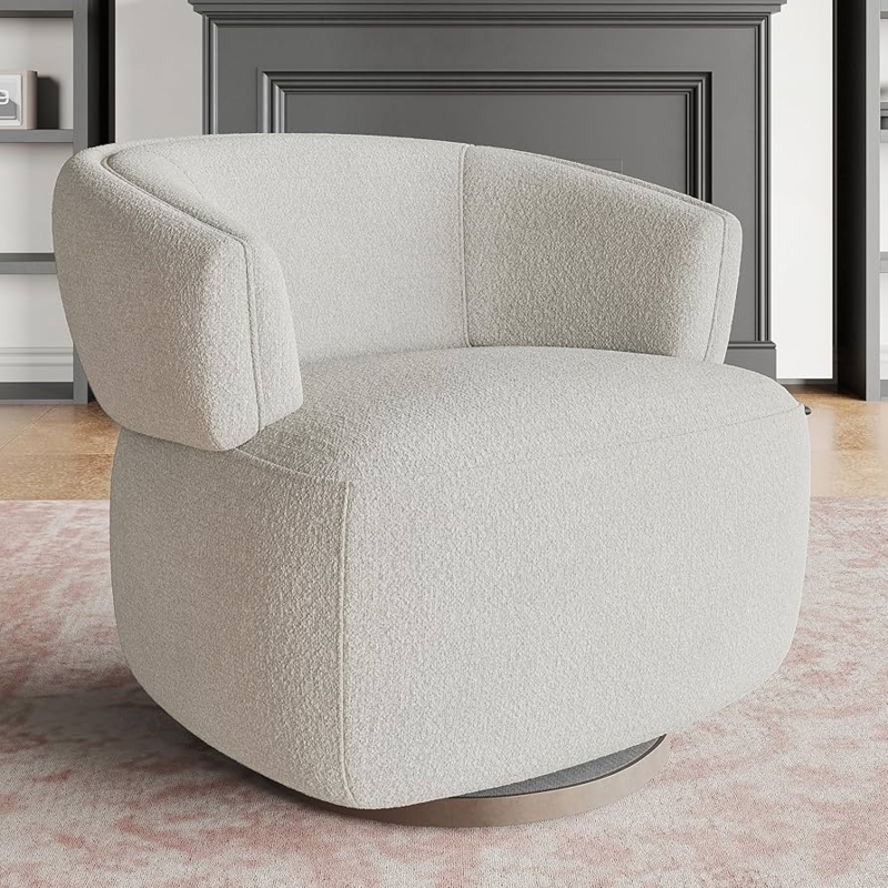 Accent Chair in Griege Boucle with Swivel Base and Barrel Silhouette
