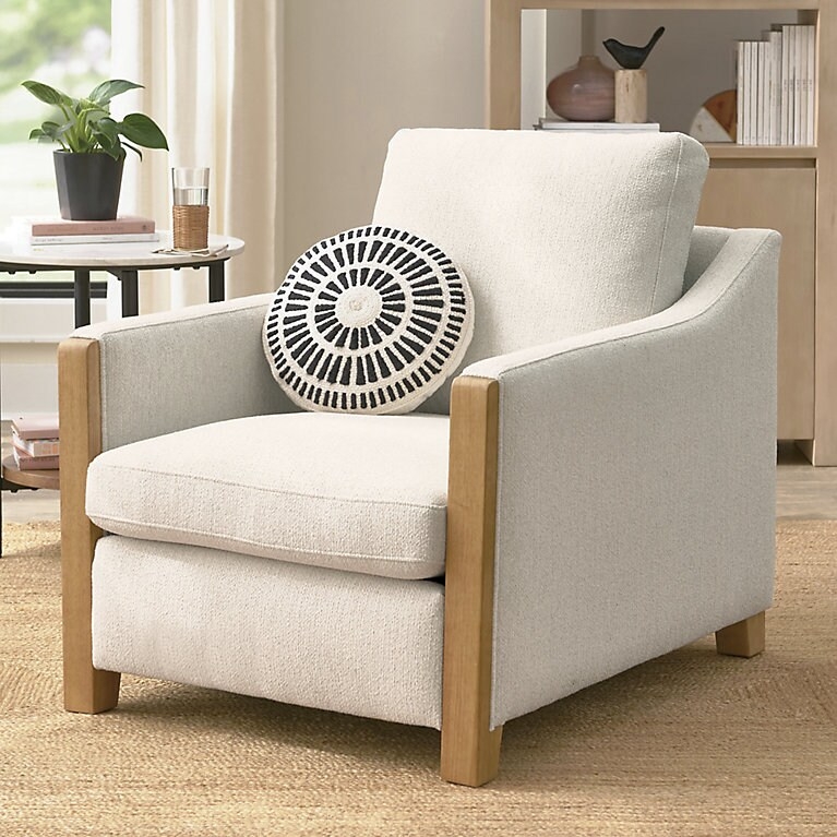Accent Chair in Ivory Boucle with Bolster Pillows