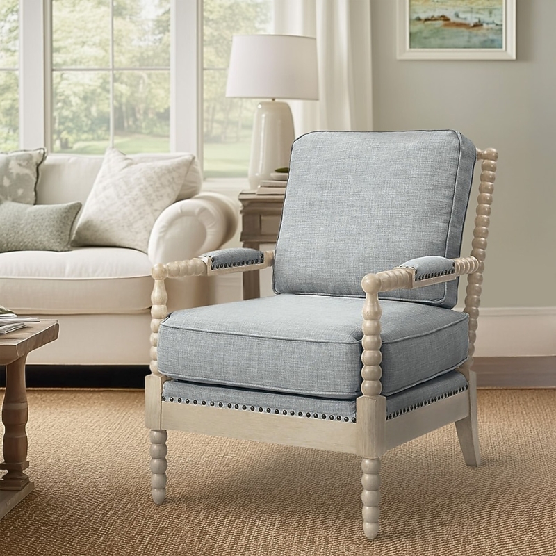 Accent Chair in Light Blue Fabric with Antique Cream Wood Frame